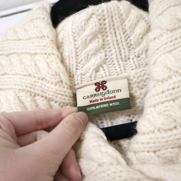 Carraig Donn Cream Chunky Cable Knit Merino Wool Cardigan Sweater M Fisherman - Picture 2 of 7